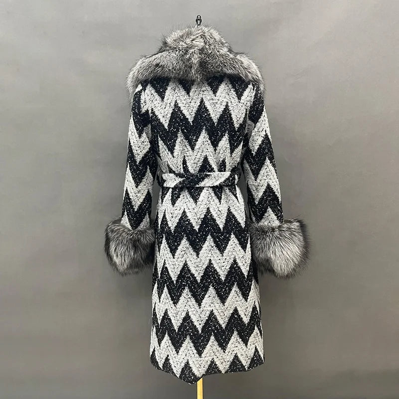 Fox Fur Collar & Cuffs Women's Cashmere Wool Overcoat – Handmade Houndstooth Winter Coat