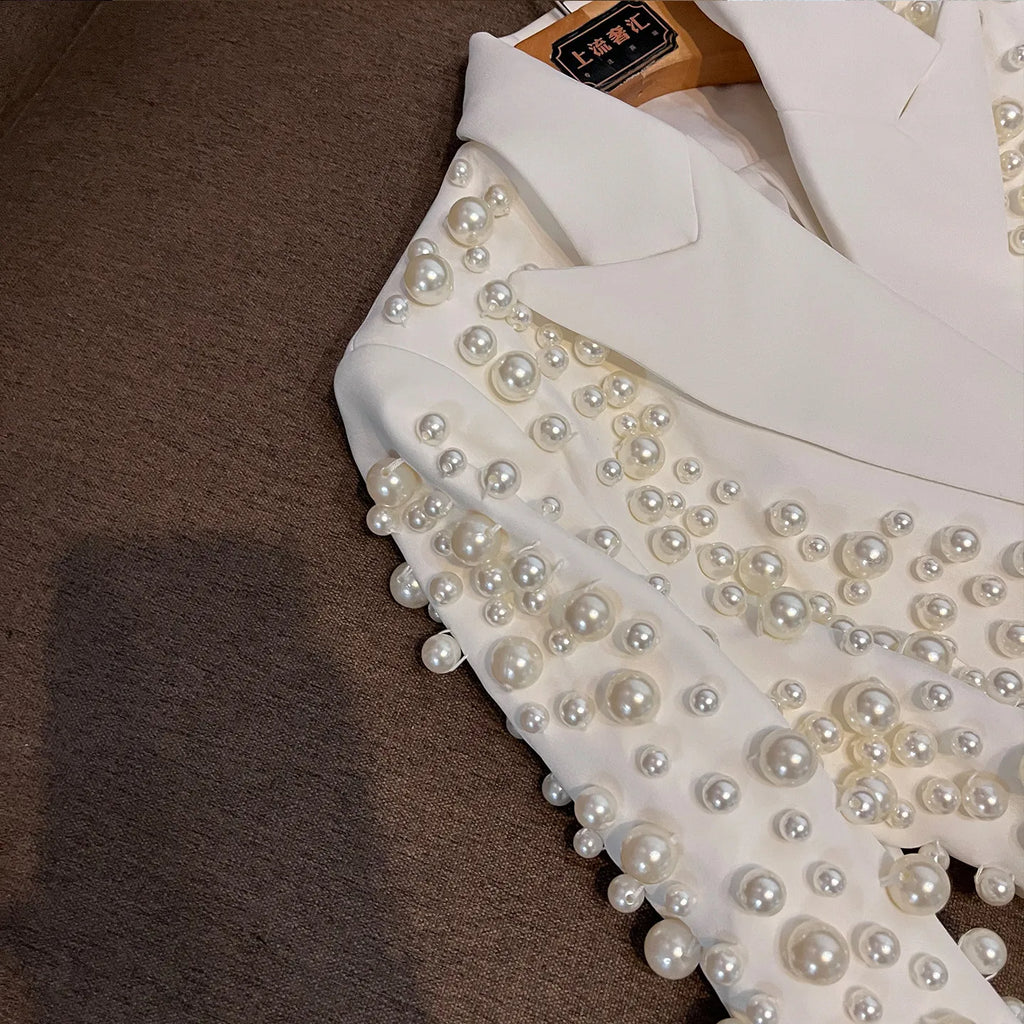 Stylish Asymmetric Design Lady Luxury Beading Notched Long Sleeve Blazer A-line Mini Skirt Women 2pcs