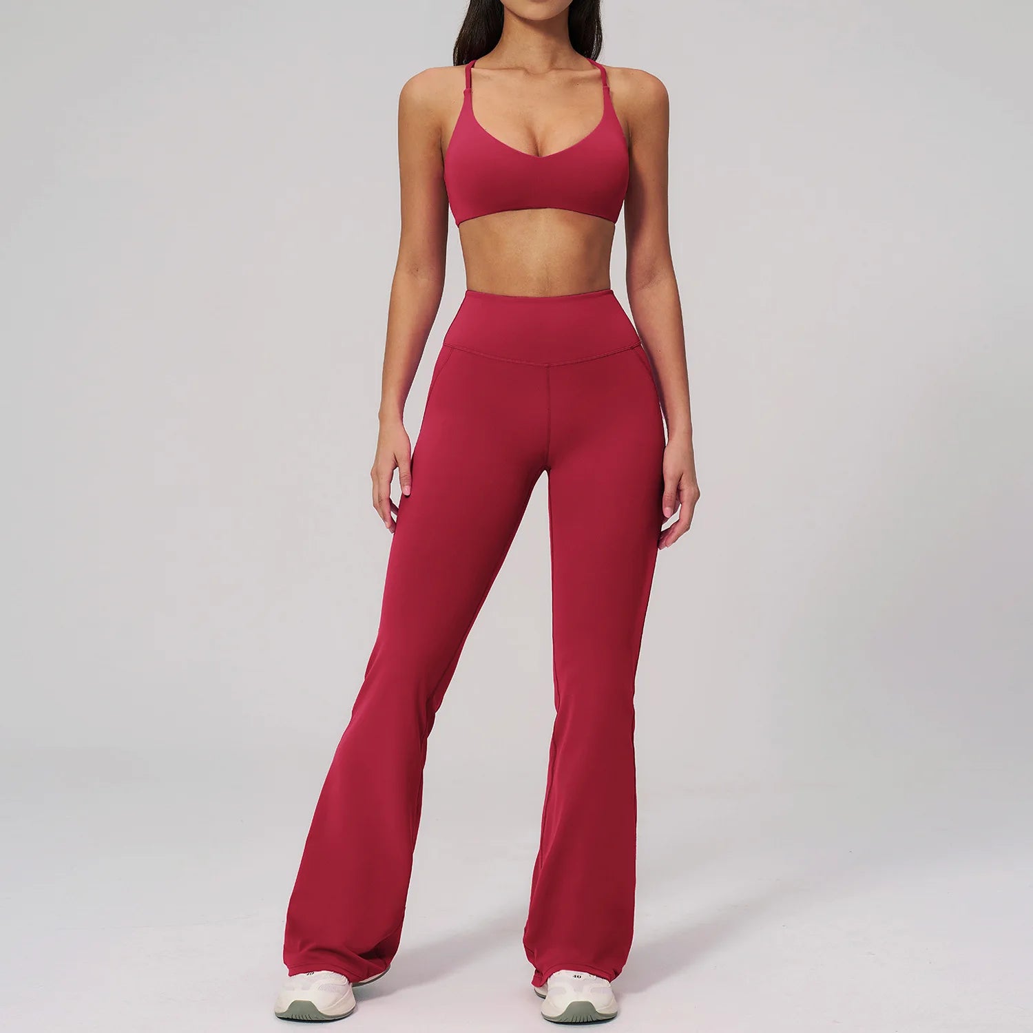 Beautiful Back Sports Bra & Flare Legging Set – Women's Nude Feel 2-Piece Gym Set