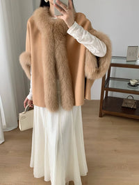 Women's Short Wool Cape with Fox Fur Trim