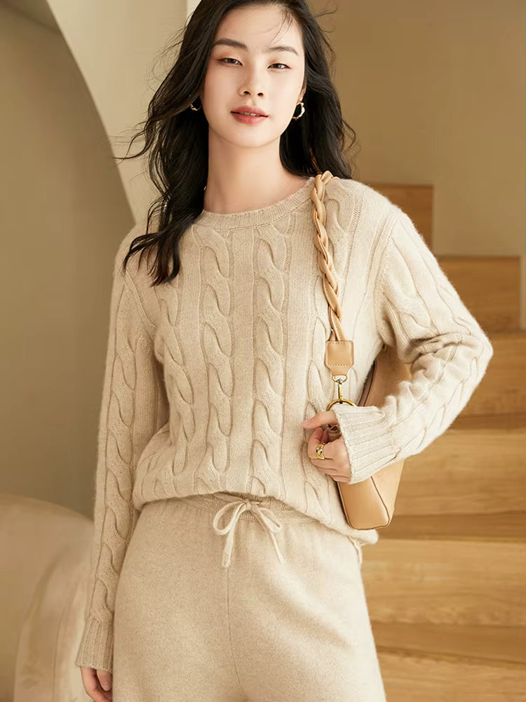 Kaschmir-Strick-Zweiteiler für Damen | Zopfstrickpullover & Hose mit weitem Bein | Loungewear für Herbst/Winter