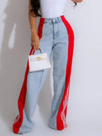 Wide Leg Denim Jeans for Women – Contrast Stripe High-Waist Palazzo Pants