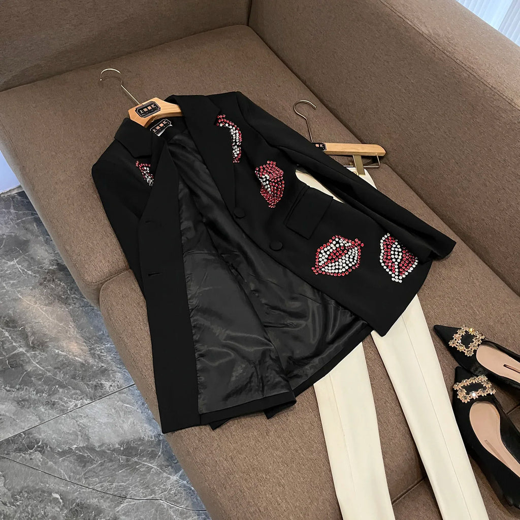 Crystal Rhinestone Blazer for Women – Single-Breasted Notched Collar Office Jacket
