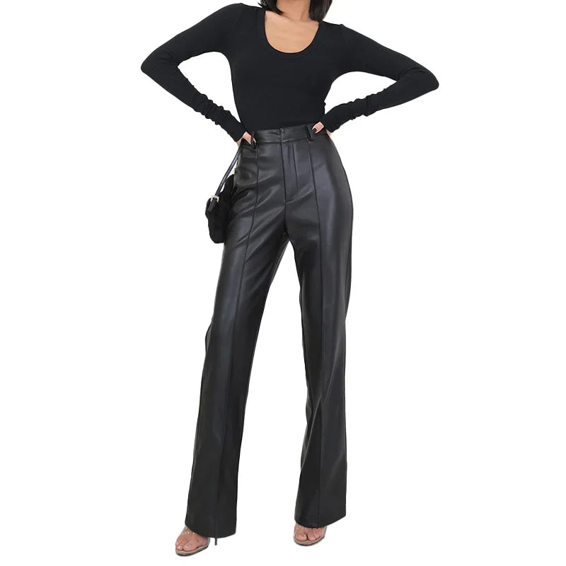 Women's High Waist Straight Leg Genuine Leather Pants