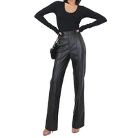 Women's High Waist Straight Leg Genuine Leather Pants
