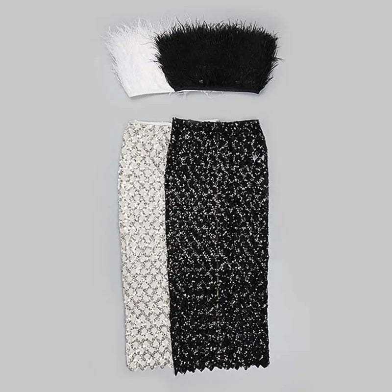 Women's Feather Crop Top & Sheer Mesh Maxi Skirt Set