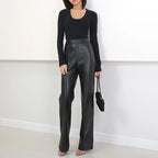 Women's High Waist Straight Leg Genuine Leather Pants