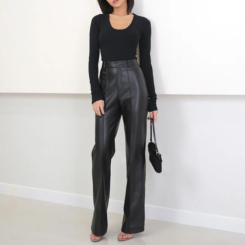 Women's High Waist Straight Leg Genuine Leather Pants
