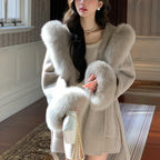 Women's Oversized Wool Coat with Fox-Fur Trim Hood