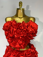 Women's Strapless Red Floral Bodycon Two-Piece Skirt Set