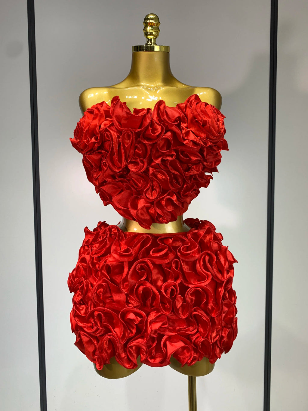 Women's Strapless Red Floral Bodycon Two-Piece Skirt Set