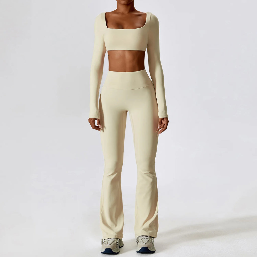 Long Sleeve Top & Scrunch Butt Flare Legging Yoga Set – Women's 2-Piece Gym Set