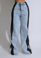 Wide Leg Denim Jeans for Women – Contrast Stripe High-Waist Palazzo Pants