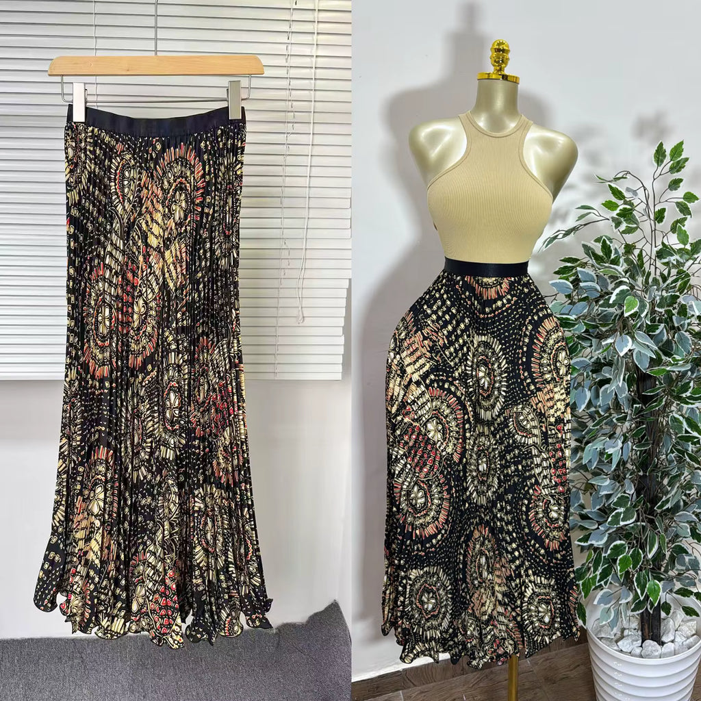 Women's Vintage High Waist Pleated Midi Skirt