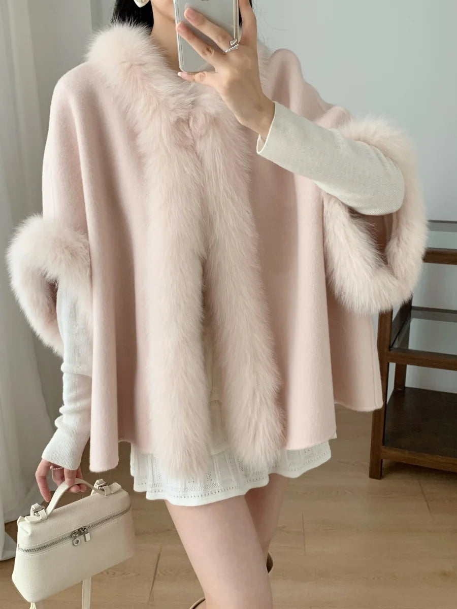 Women's Short Wool Cape with Fox Fur Trim