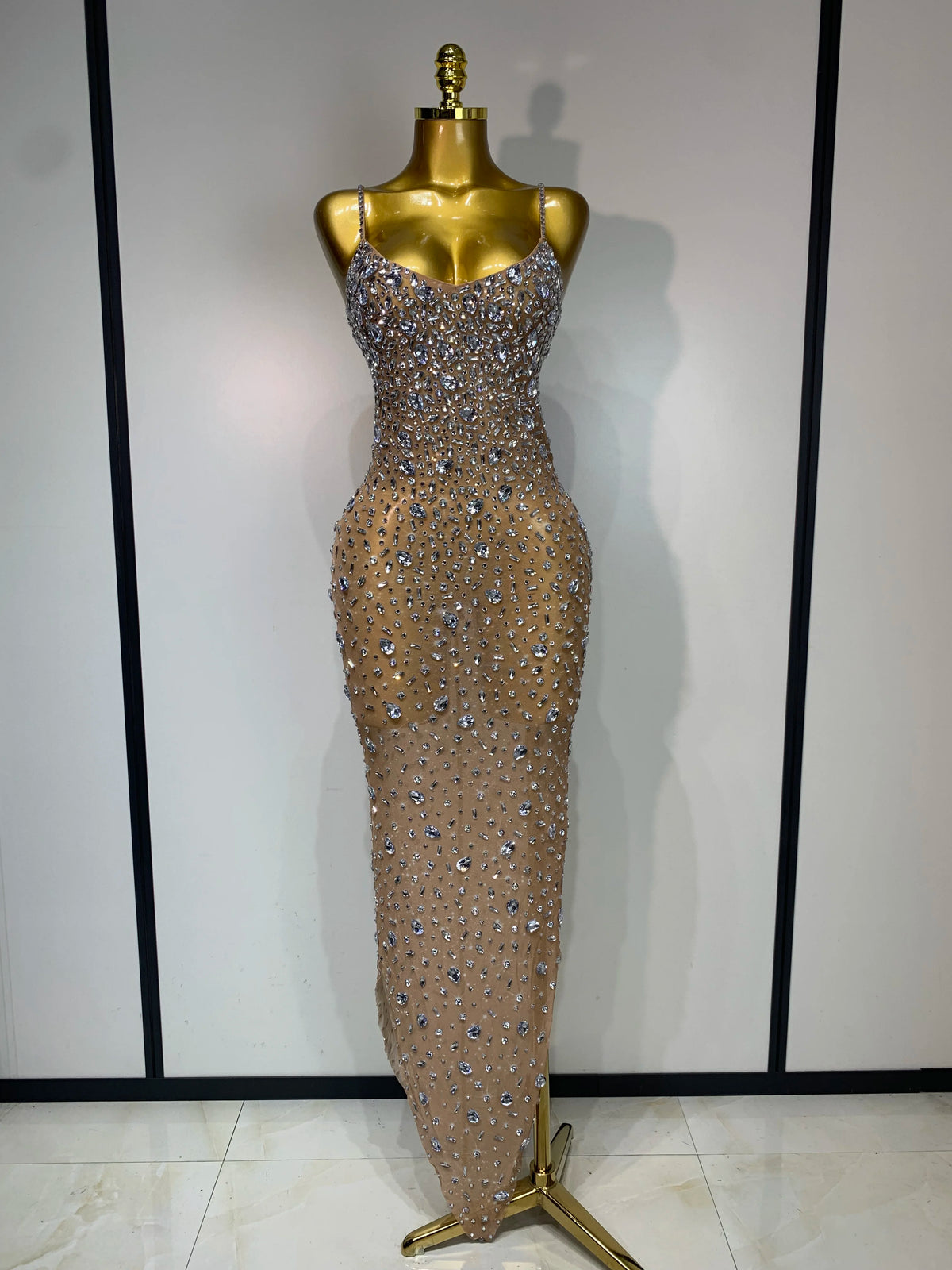 Women's Rhinestone Mesh Bodycon Evening Gown