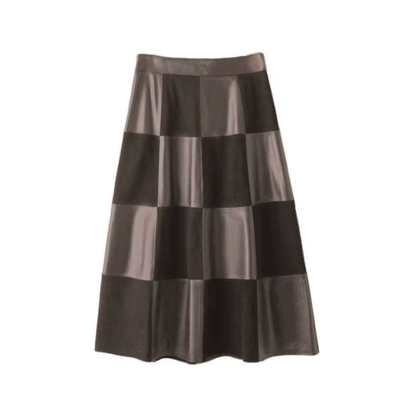 Women's Leather High Waist Checkerboard A-Line Maxi Skirt M Windia