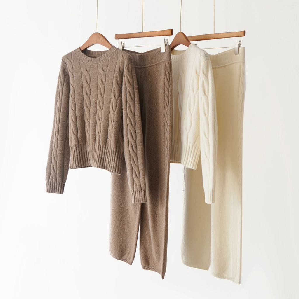 Women's Cashmere Knit Two-Piece Set | Cable Knit Sweater & Wide Leg Pants | Autumn Winter Loungewear