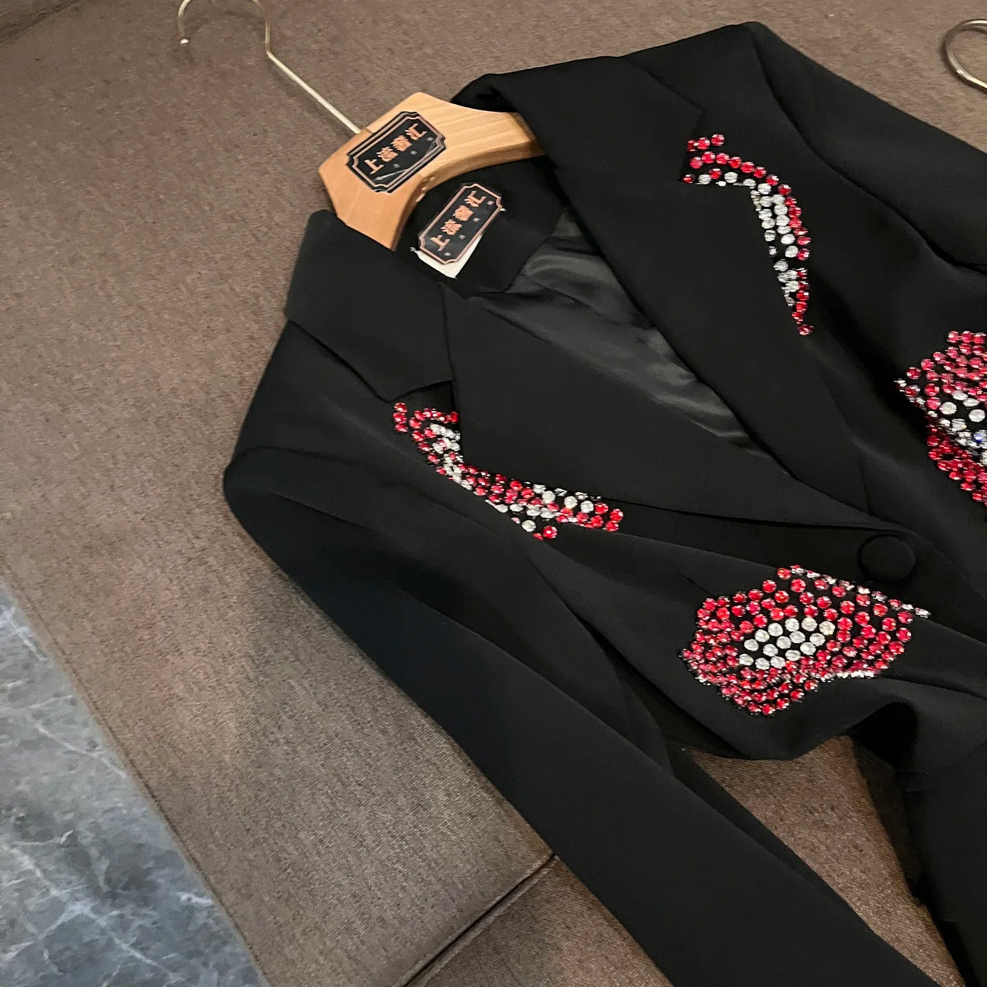 Crystal Rhinestone Blazer for Women – Single-Breasted Notched Collar Office Jacket