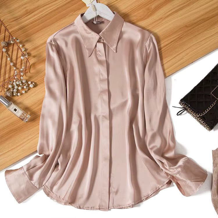 Women's Silk Satin Shirt | Long Sleeve Loose Blouse