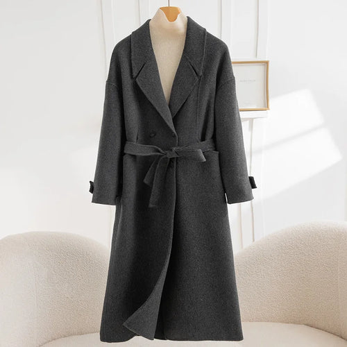 Women's  Gray Long Wool Coat | Double-Breasted V-Neck | Windia