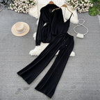Korean-Style Casual Two-Piece Set — Polo-Collar Knitted Top & Midi Skirt