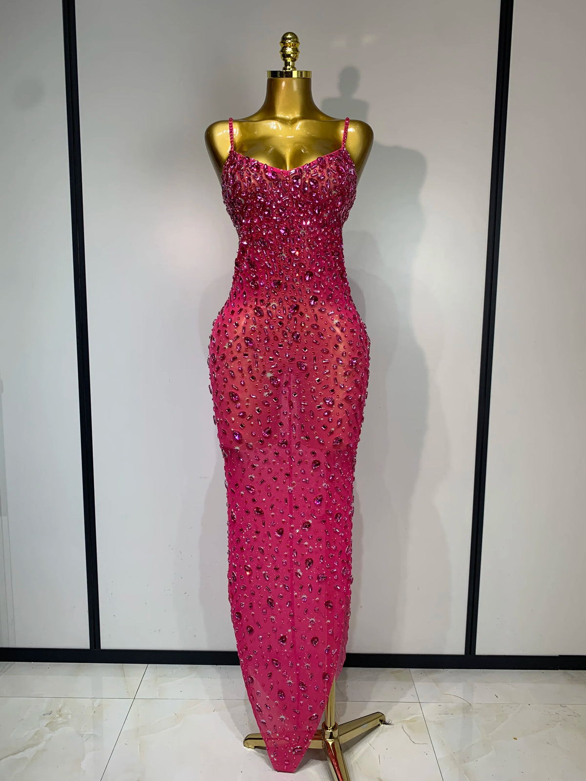Women's Rhinestone Mesh Bodycon Evening Gown