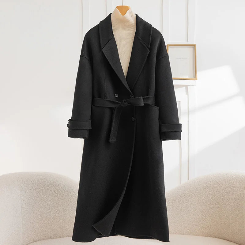 Women's Long Wool Coat | Double-Breasted V-Neck | Windia