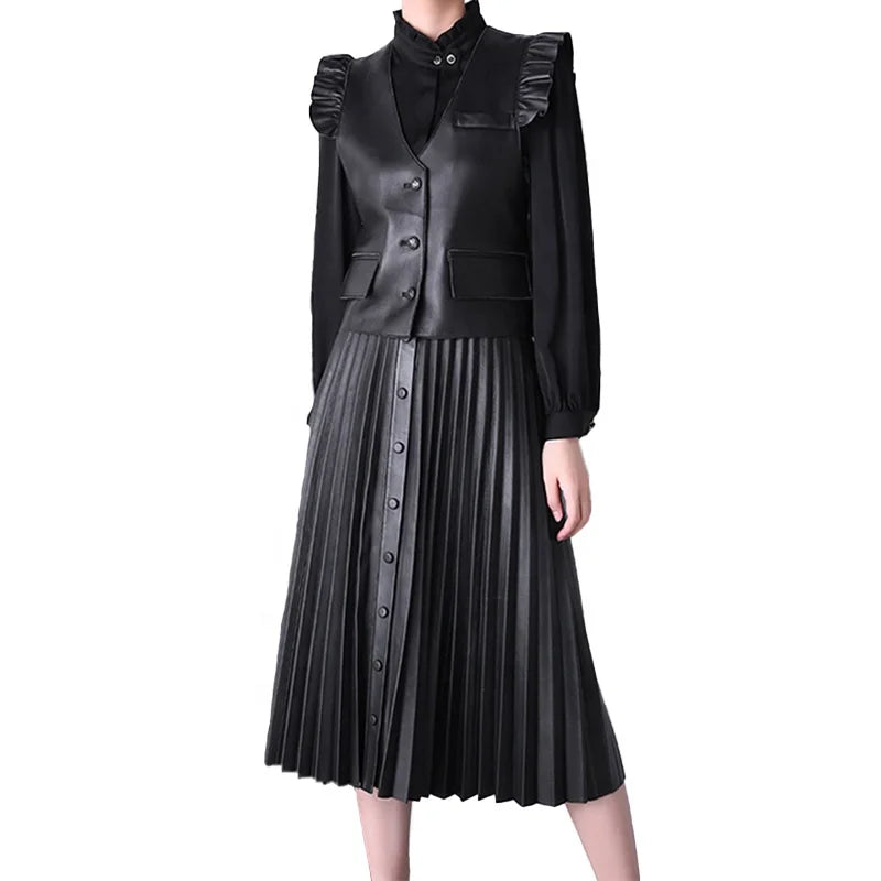 Women's Genuine Sheepskin Pleated Maxi Skirt