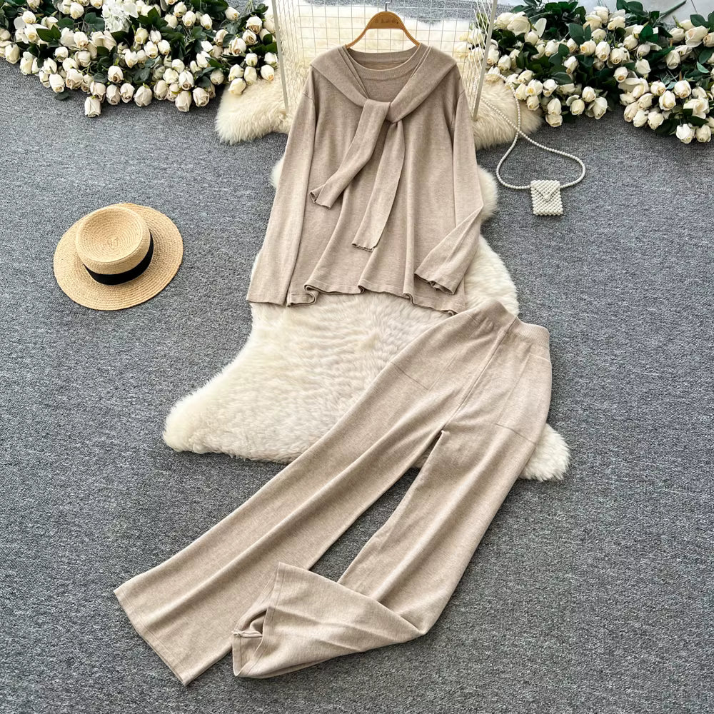 Casual Two-Piece Knit Sweat Suit | Tie-Front Top & Wide Leg Pants Set - Windia