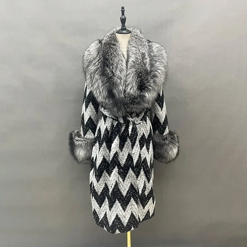 Fox Fur Collar & Cuffs Women's Cashmere Wool Overcoat – Handmade Houndstooth Winter Coat