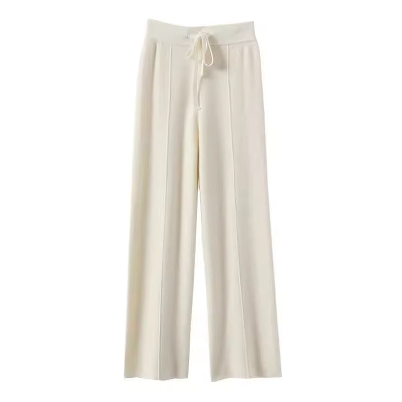 Women's 100% Wool Wide Leg Pants – High Waist Knit Trousers