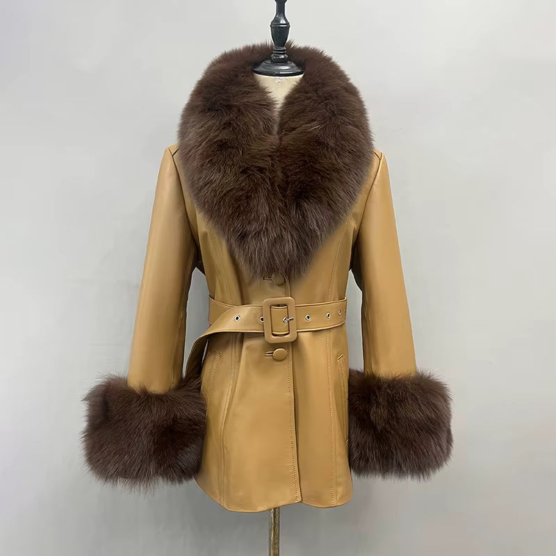 Fox Fur Collar Genuine Sheepskin Leather Coat – Women's Winter Jacket