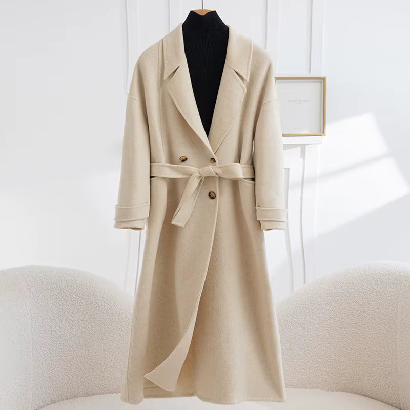 Women's Oatmeal Long Wool Coat | Double-Breasted V-Neck | Windia