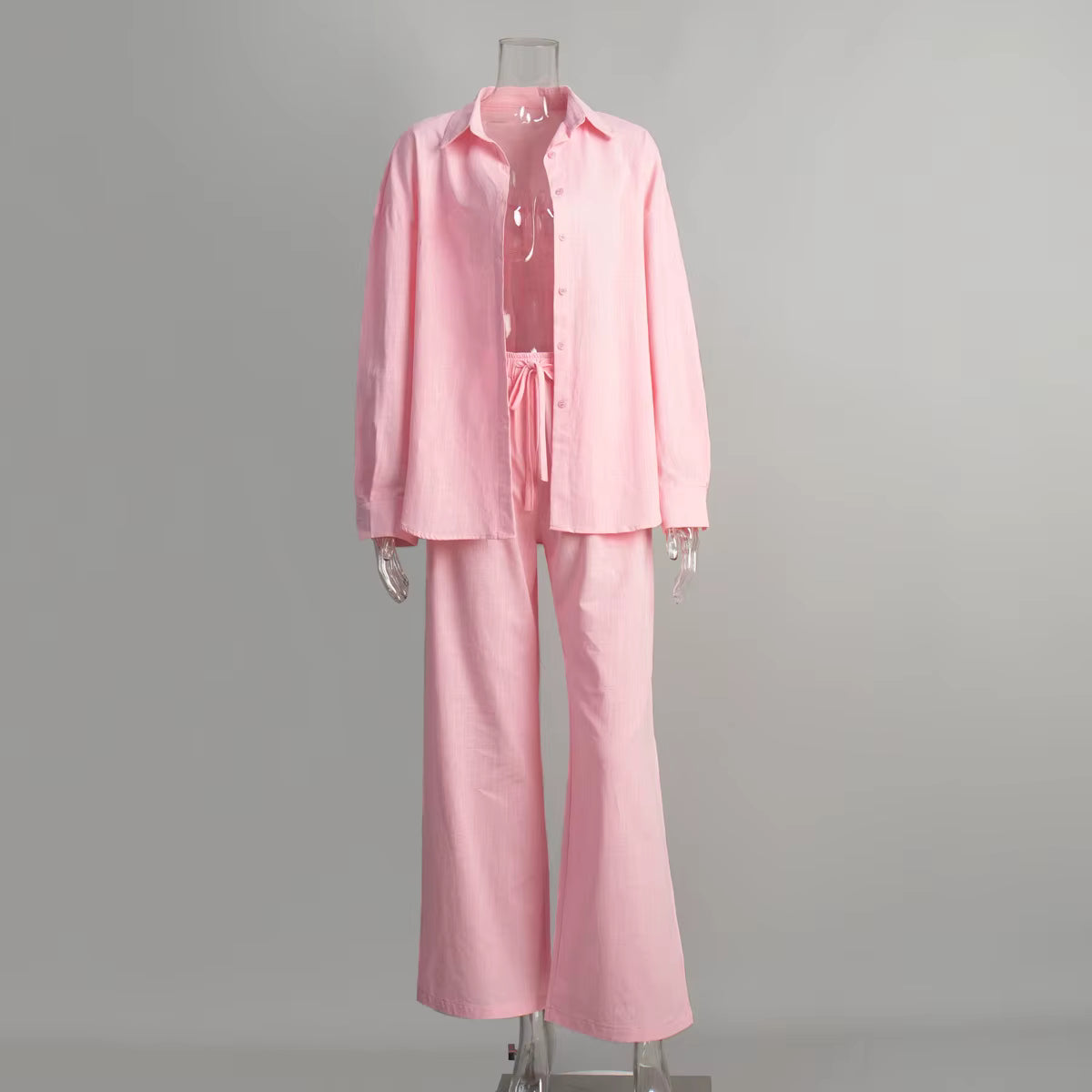 Women's Pink Cotton Lapel Two-Piece Suit – Long Sleeve Top & Drawstring Trousers | Windia