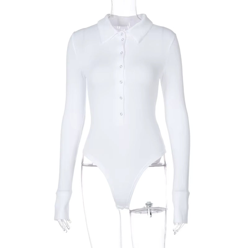 Tight Long Sleeve Lapel Women's Bodysuit Jumpsuit