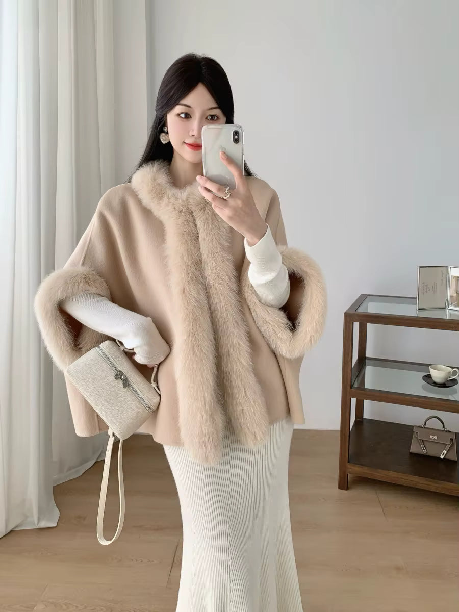 Women's Short Wool Cape with Fox Fur Trim