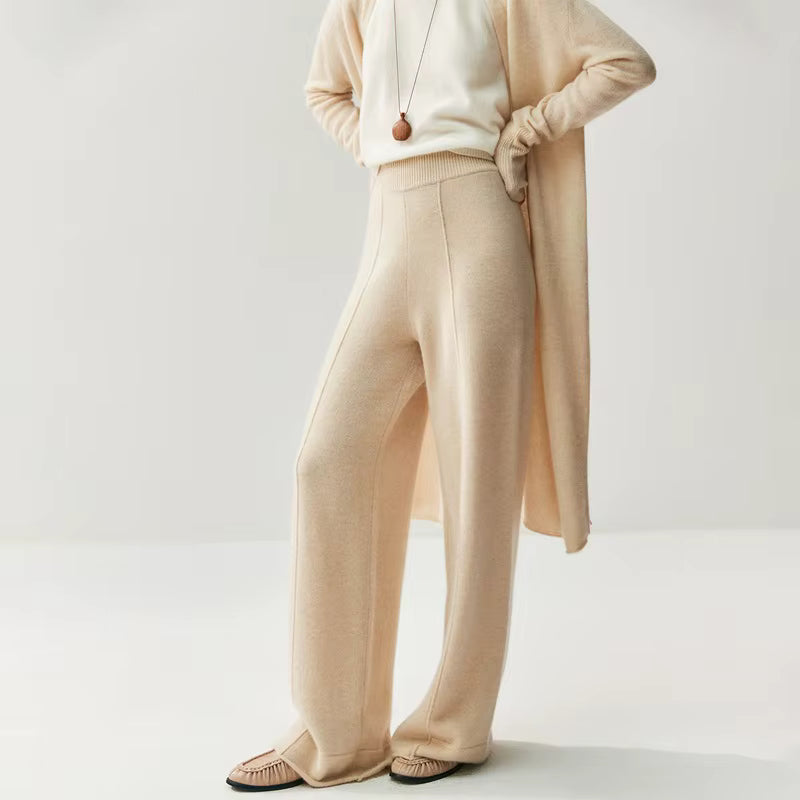 Women's Wool Cashmere Knitted Wide Leg Pants – High Waist Loose Straight Trousers M Windia