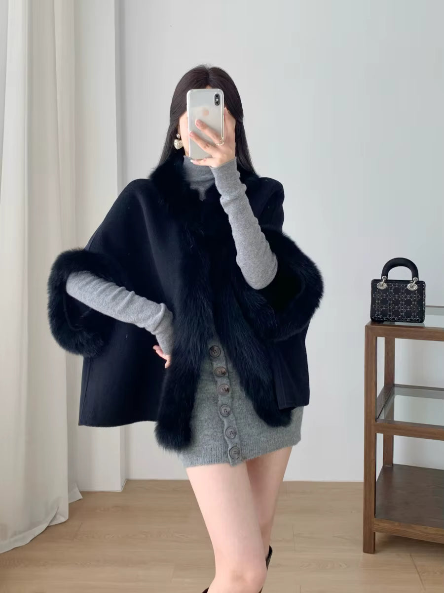 Women's Short Wool Cape with Fox Fur Trim