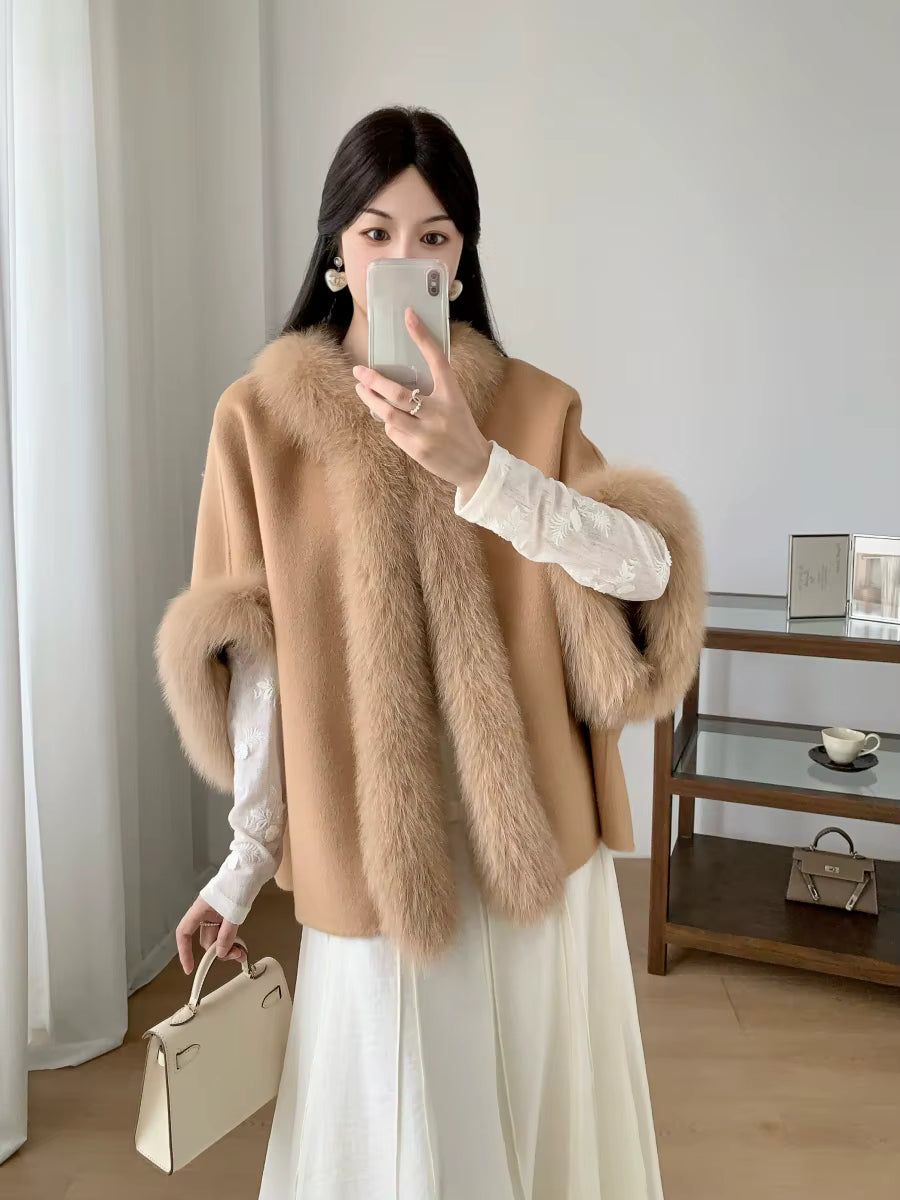 Women's Short Wool Cape with Fox Fur Trim