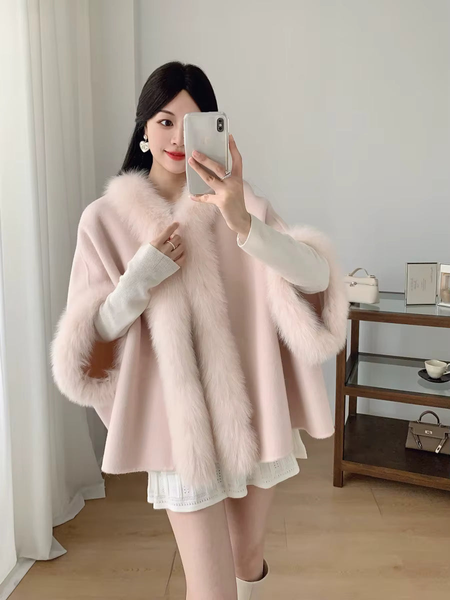 Women's Short Wool Cape with Fox Fur Trim