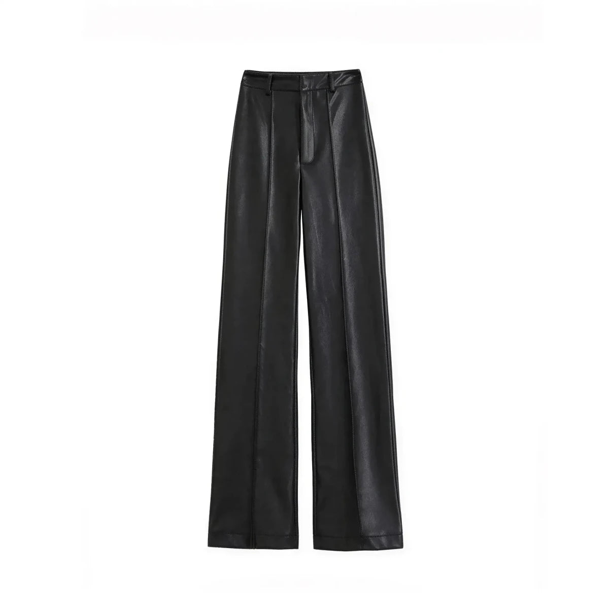 Women's Black High Waist Straight Leg Genuine Leather Pants | Windia