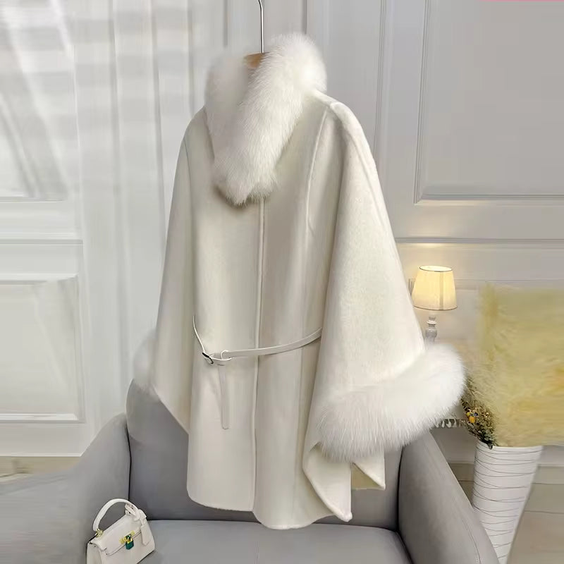Women's Beige Real Fox Fur Trim Wool Poncho Coat | Windia