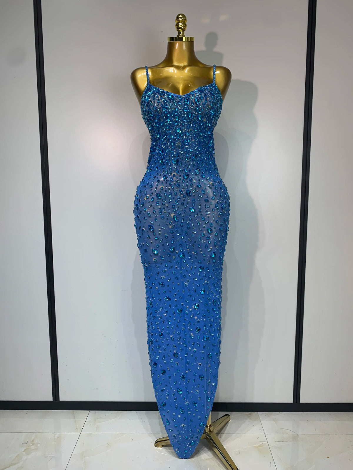 Women's Blue  Rhinestone Mesh Evening Gown | Windia