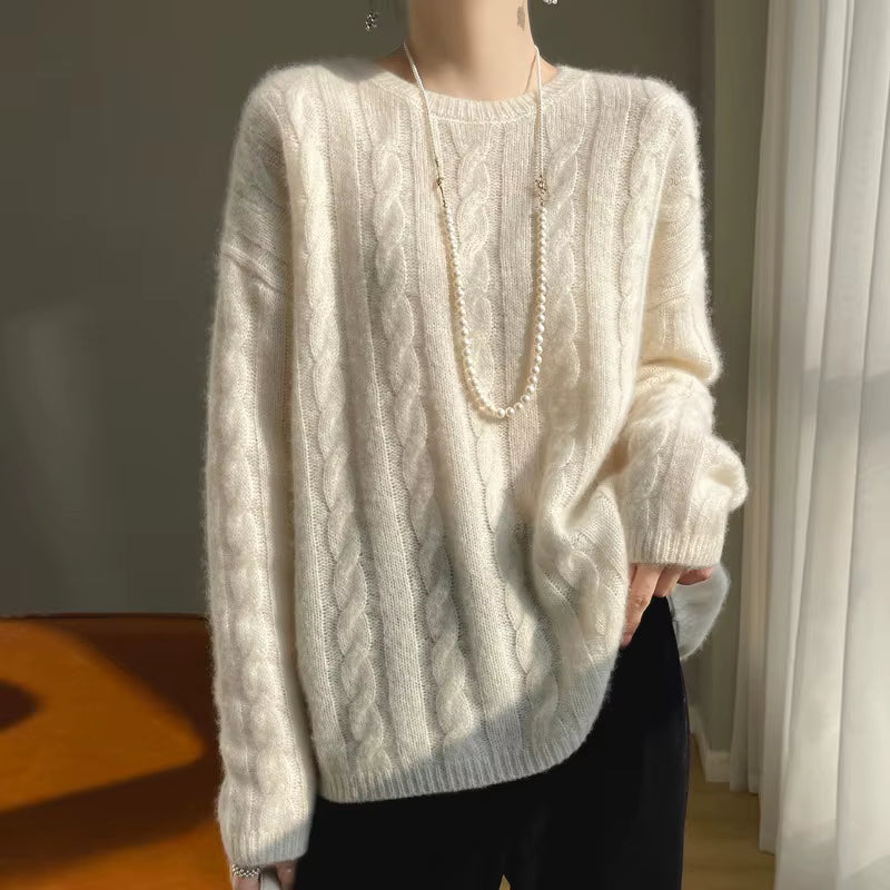 Women's Beige Cashmere & Silk Knitted Sweater – Loose Crochet Pullover