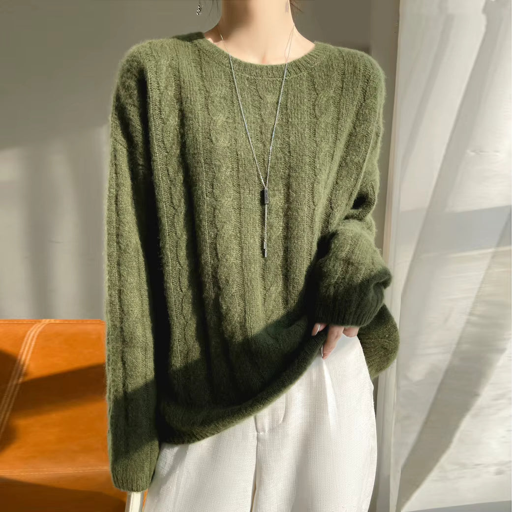Women's Green Cashmere & Silk Knitted Sweater – Loose Crochet Pullover