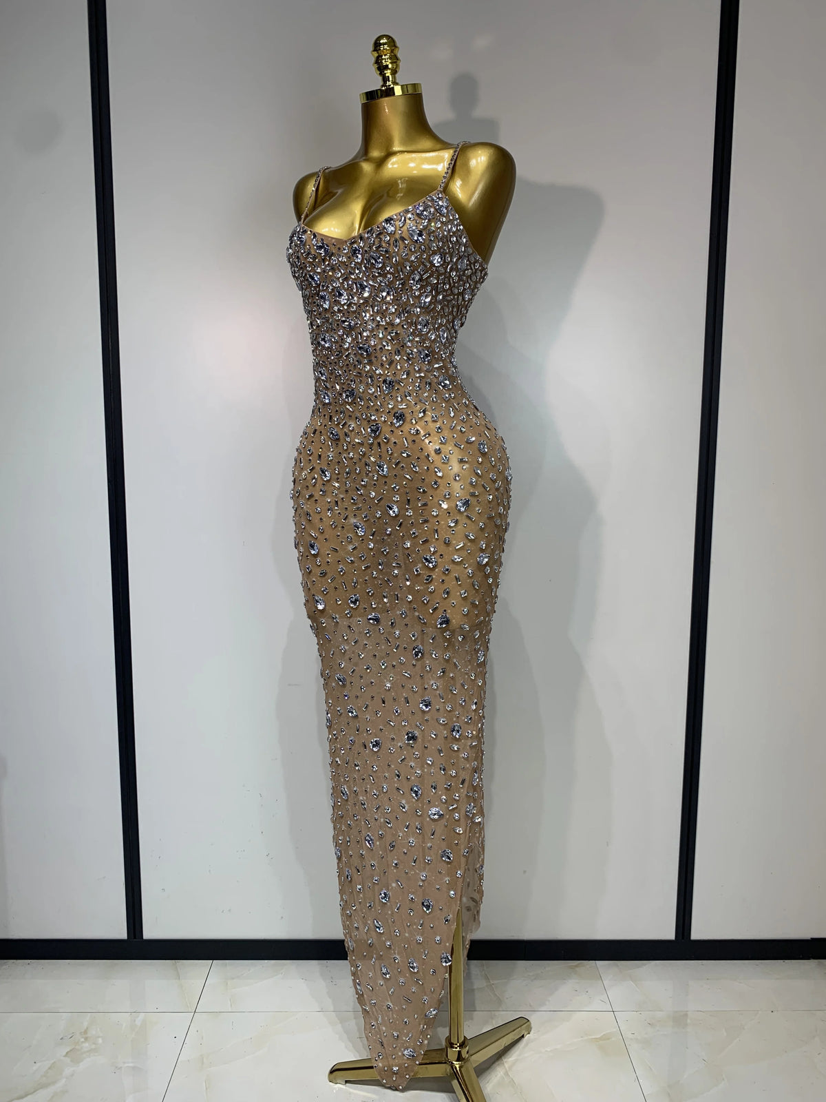 Rhinestone Mesh Evening Gown - Khaki | Windia