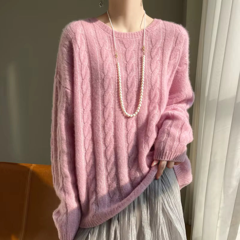 Women's Pink Cashmere & Silk Knitted Sweater – Loose Crochet Pullover