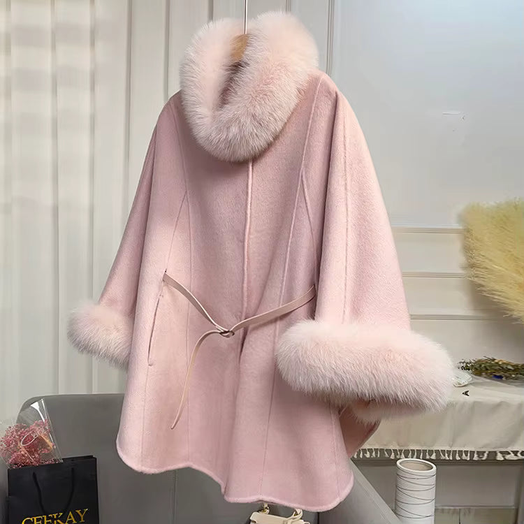 Women's Real Fox Fur Trim Wool Poncho Coat  | Windia
