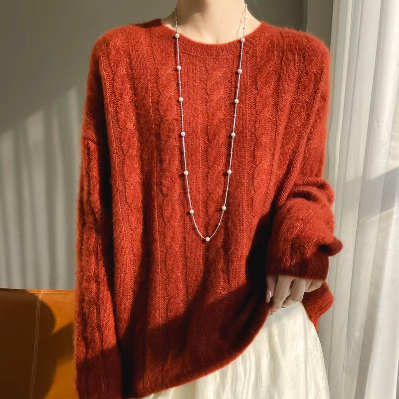 Women's Red Cashmere & Silk Knitted Sweater – Loose Crochet Pullover